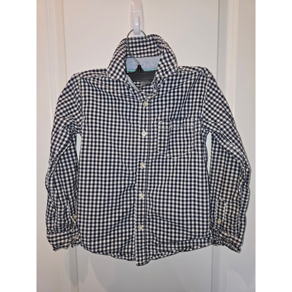 Carters Boys Navy Blue White Gingham Check Button Down Shirt Size 6 Long Sleeve - Picture 2 of 5